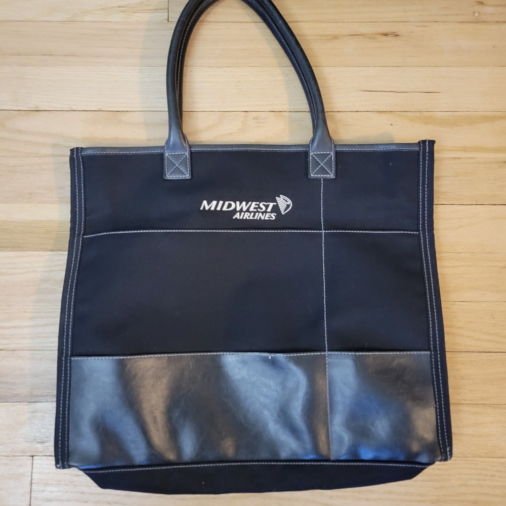 Midwest Airlines Black Canvas Tote Bag Faux Leather Trim Front Pockets Travel